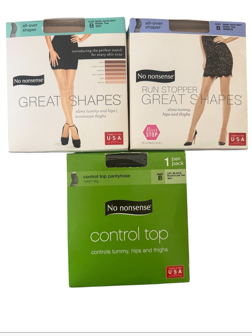 No Nonsense Pantyhose 3-Pair Bundle Size B Black & Beige Mist Sheer
